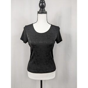 Vtg Y2k Baby Tee Top Womens T-Shirt Black Floral Velvet Whimsigoth Grunge A048